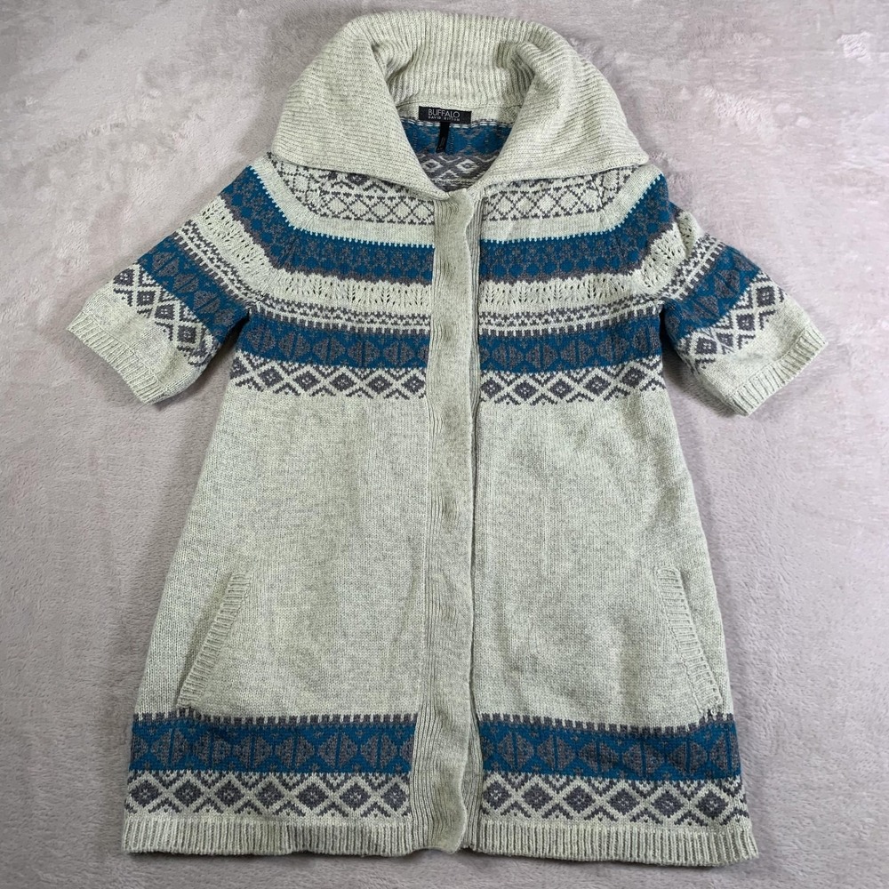 Buffalo David Bitton Sweater Womens Medium Gray Blue Fair Isle‎ Cardigan Knit